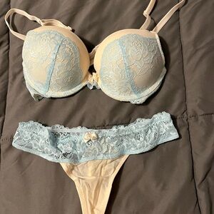 Adore Me Lace Bra and Panty Set in Cream and Light Blue